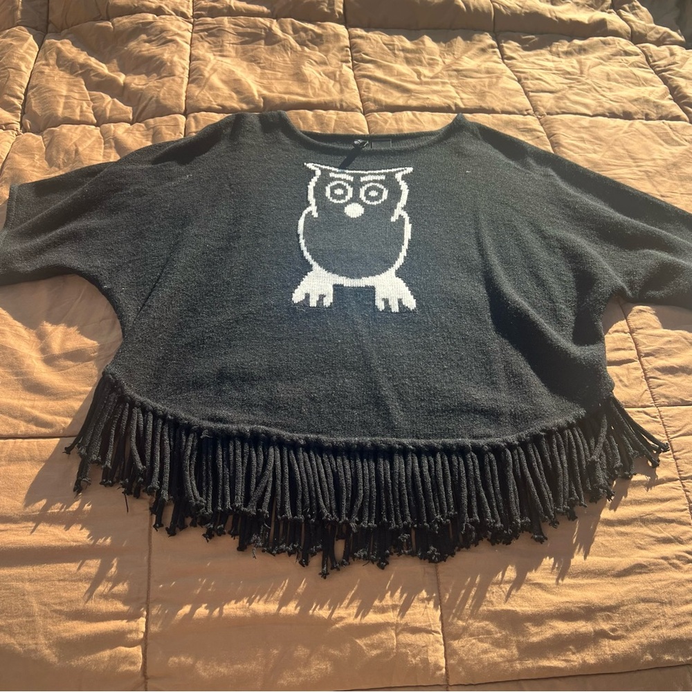 New Directions Black Knit Sweater with Owl and Fringed Size XL